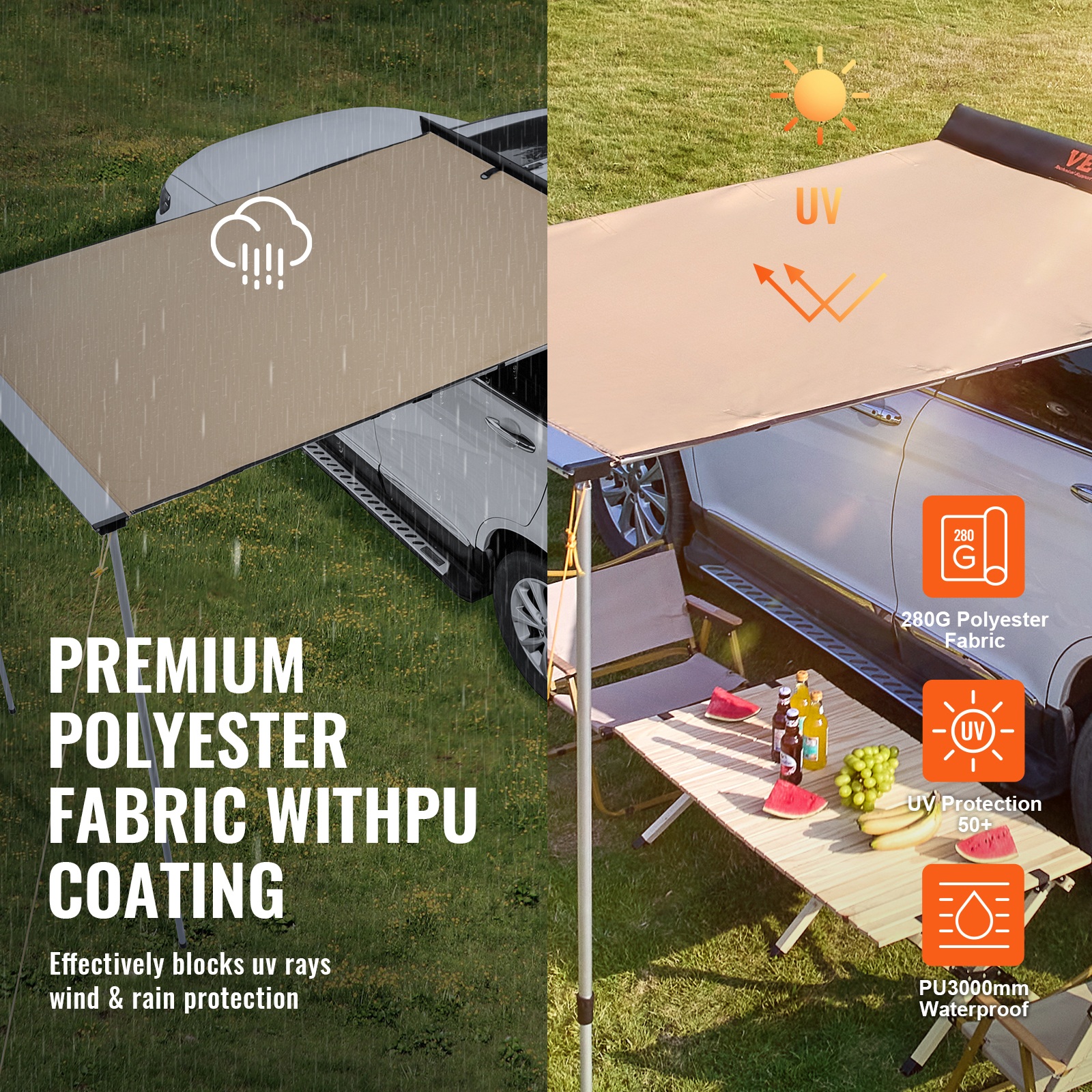 Unavailable Channels-Amazon Temu Car Side Awning, Large 4.6'x6.6' Shade Coverage Vehicle Awning, PU3000mm UV50 Retractable Car Awning With Waterproof Storage Bag, Suitable For Truck, SUV, Van, Campers