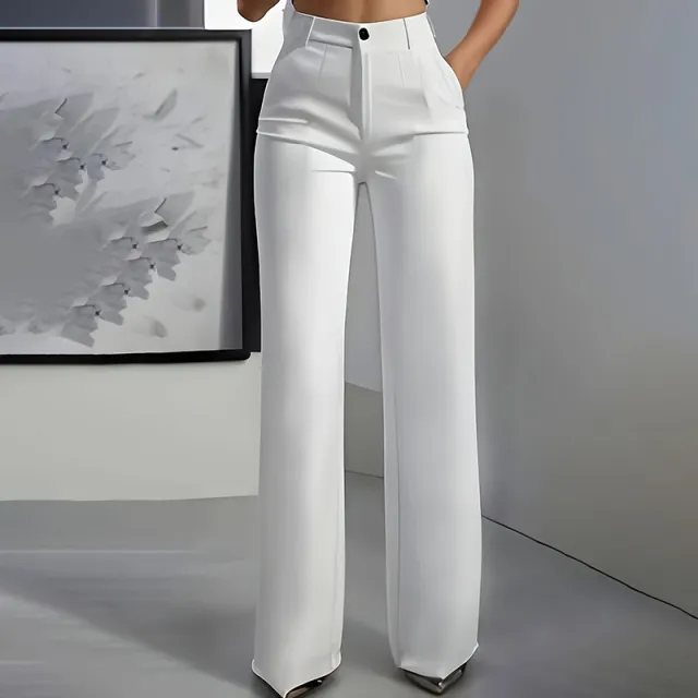 Women's Solid Color High Waisted Wide Leg Pants, Relaxed Fit Straight Leg Trousers With Zip Fly For Daily Wear White - Shop at LoveMi