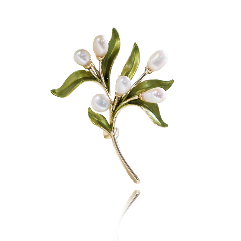 Title 8, Natural Freshwater Pearl Olive Branch Brooch Gr...