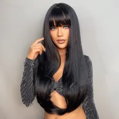 Black Long Straight Wig Female Black Straight Bangs Long Straight Hair Chemical Fibre - Black - View 1