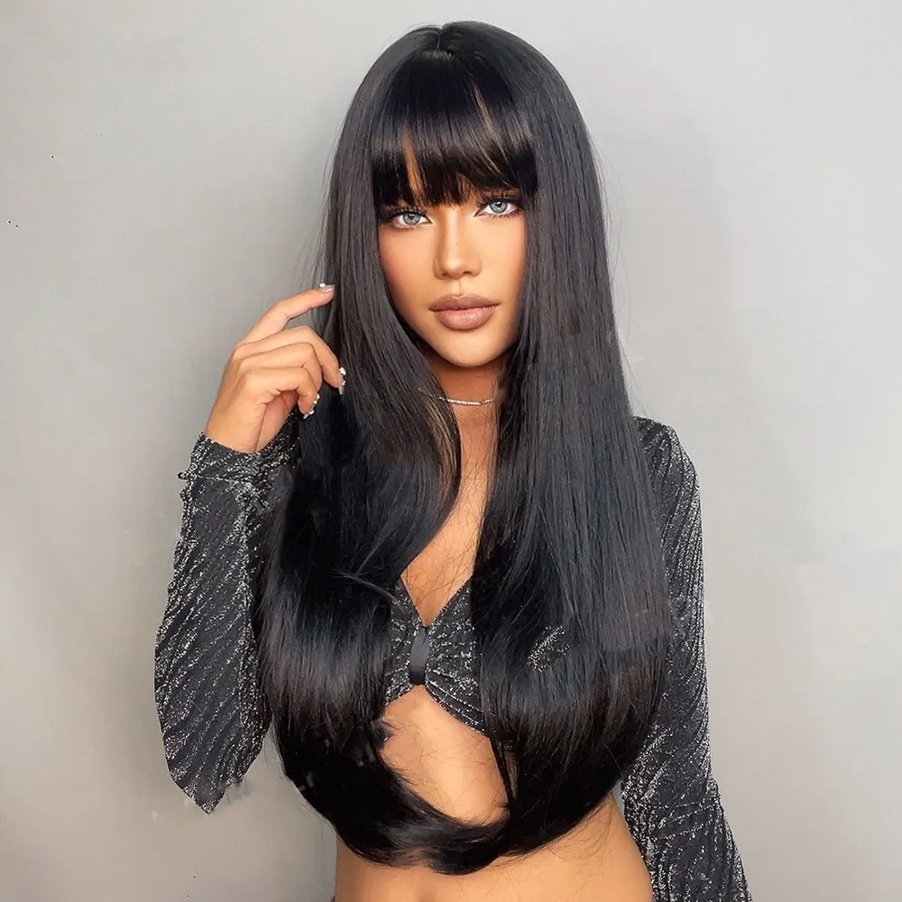 Black Long Straight Wig Female Bangs Hair
