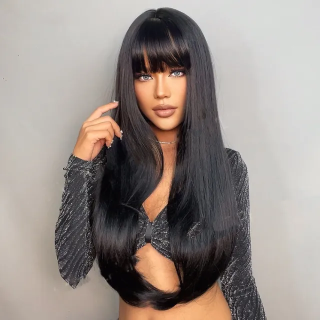 Black Long Straight Wig Female Black Straight Bangs Long Straight Hair Chemical Fiber Black - Shop at LoveMi