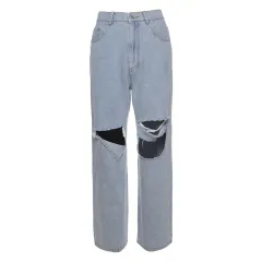 Summer New Women's Ripped High Waist Wide Leg Jeans - Blue - View 1
