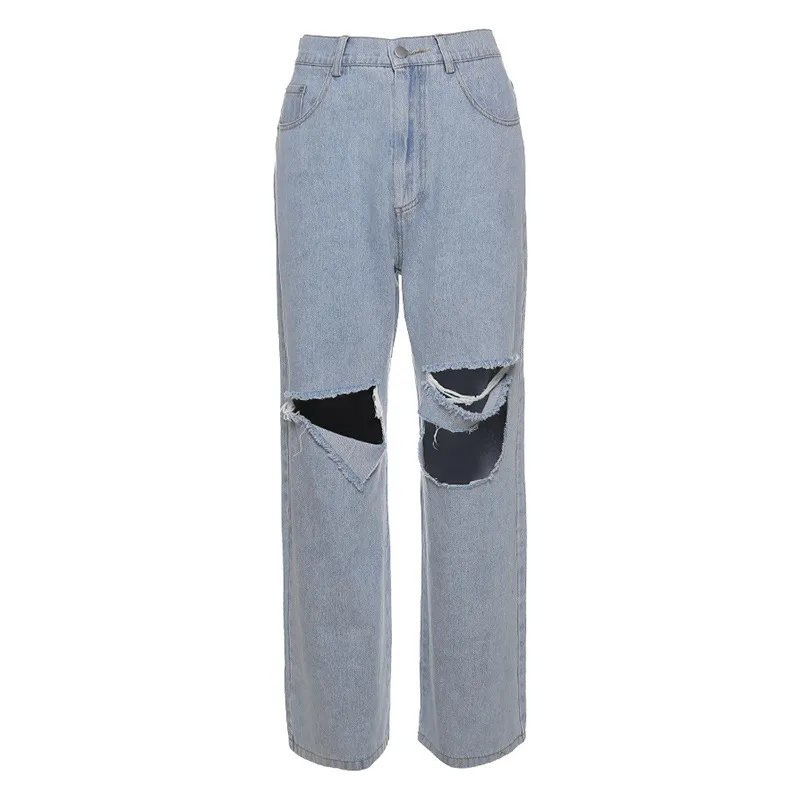 Summer New Women's Ripped High Waist Wide Leg Jeans - Blue