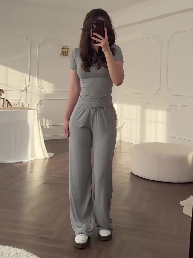 Casual Grey Short sleeved Top & Wide leg Pants Suit Grey - Shop at LoveMi