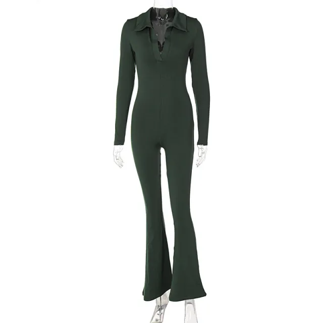 Lapel Long Sleeves Slimming Casual Wide leg Pants Jumpsuit Army Green - Shop at LoveMi