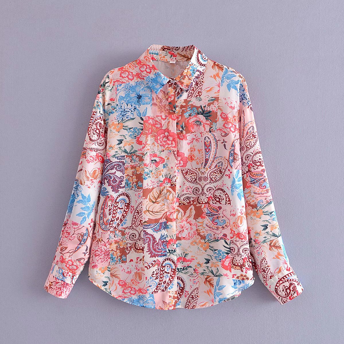 New Women's European Style Retro Loose Floral Print Lapel Long-sleeved Buttoned Shirt Top