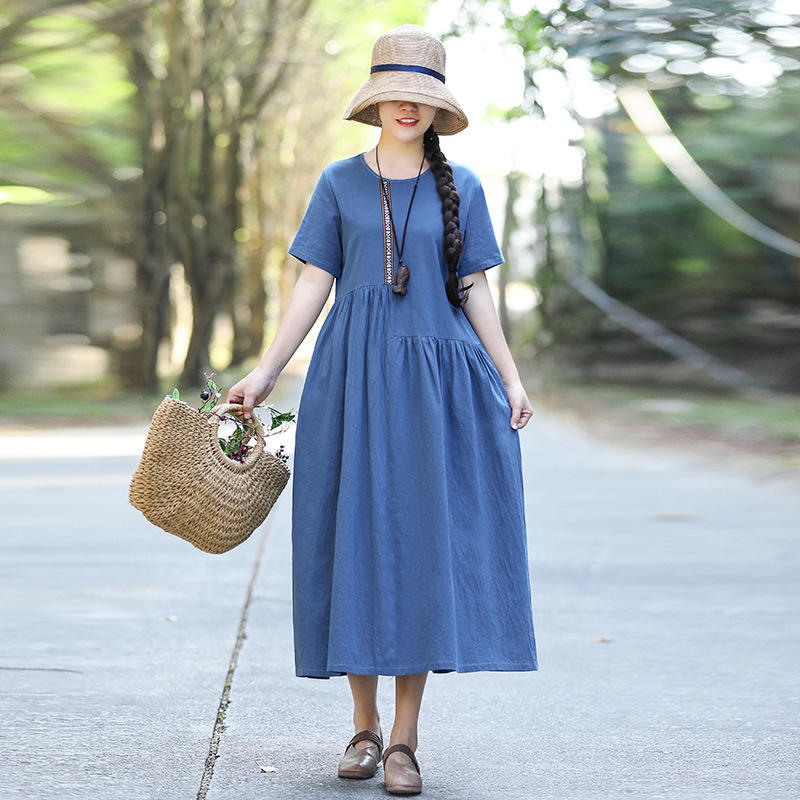 Spliced Cotton And Linen Short-sleeved Dress