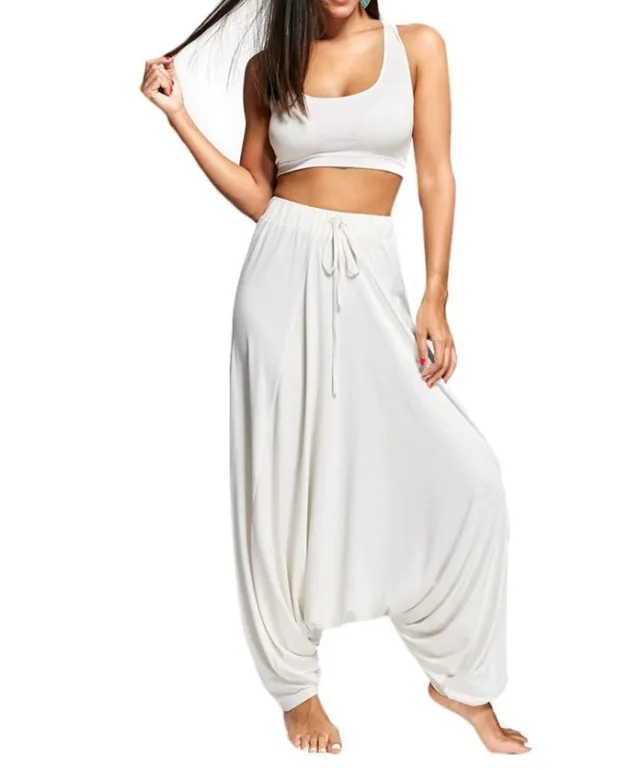 Casual Loose Hippie Balloon Pants Drop Harem White - Shop at LoveMi