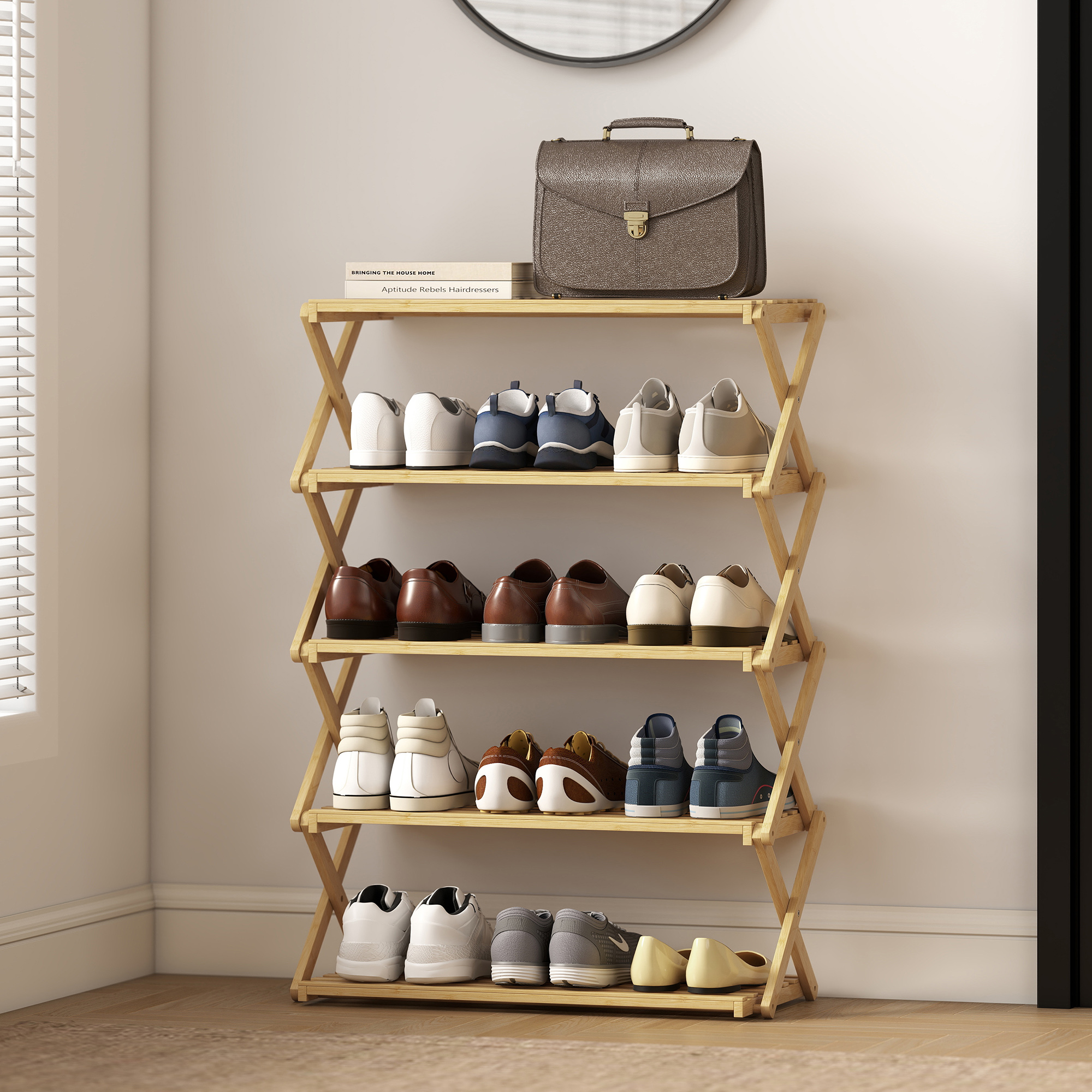 Three Layer Folding Bamboo Shoe Rack - Natural Color — image 11