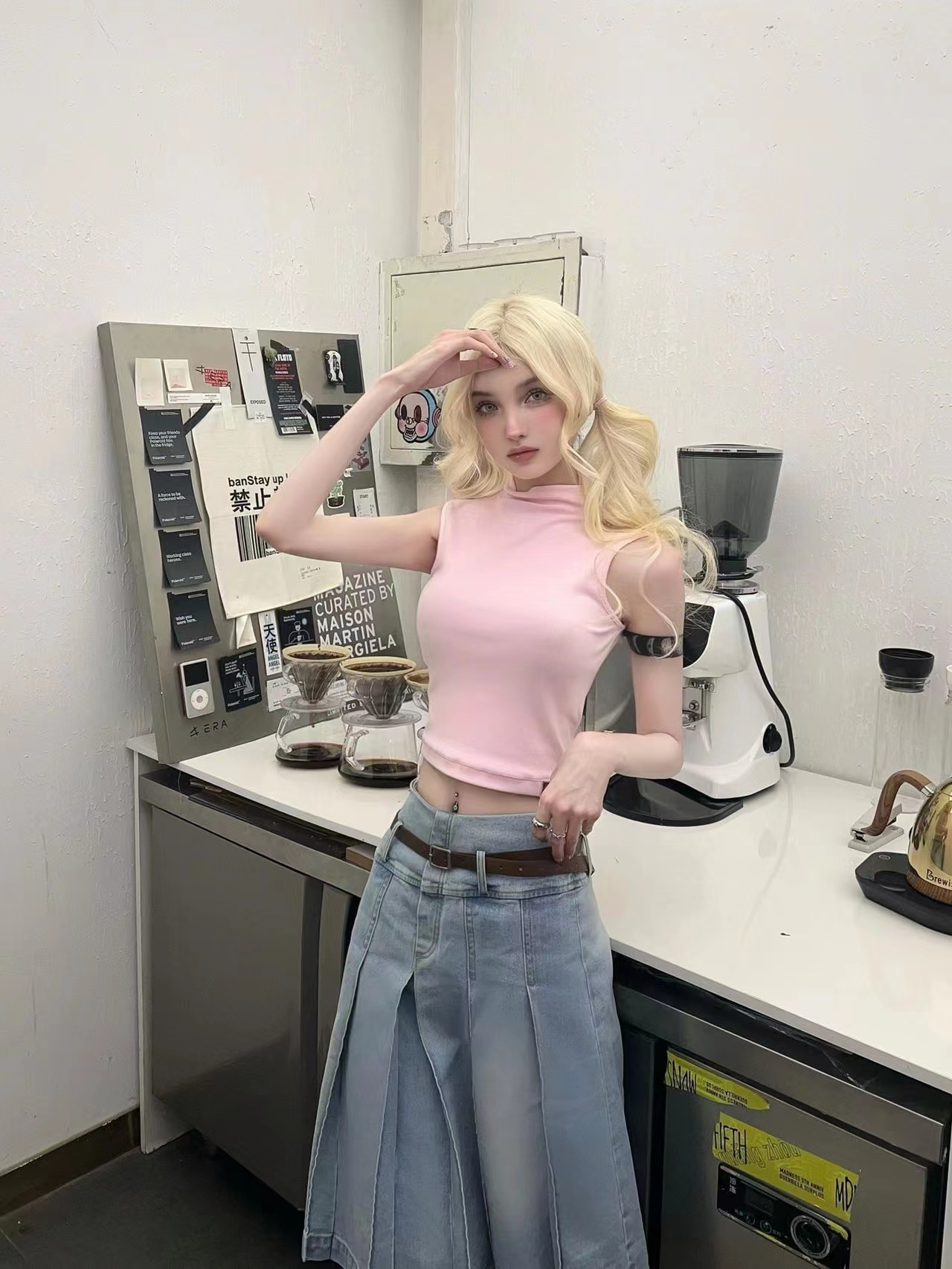 Retro Washed Light Blue Denim Pleated Skirt