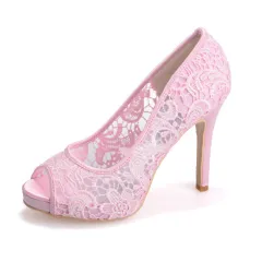 New White Lace Wedding Shoes - Pink - View 1