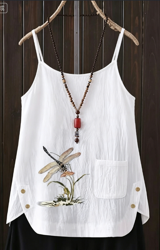 White Cotton-Linen Camisole With Dragonfly Embroidery — image 1