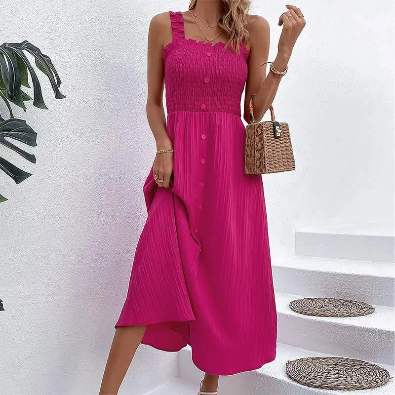 Rose Red High Waist Midi Suspender Dress with Smocked Bodice