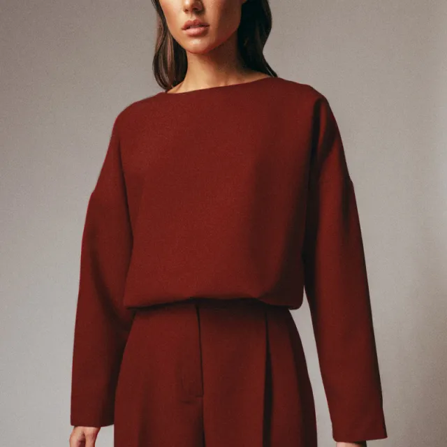 Professional Solid Color Round Neck Bottoming Shirt Women's Clothing Wine Red - Shop at LoveMi