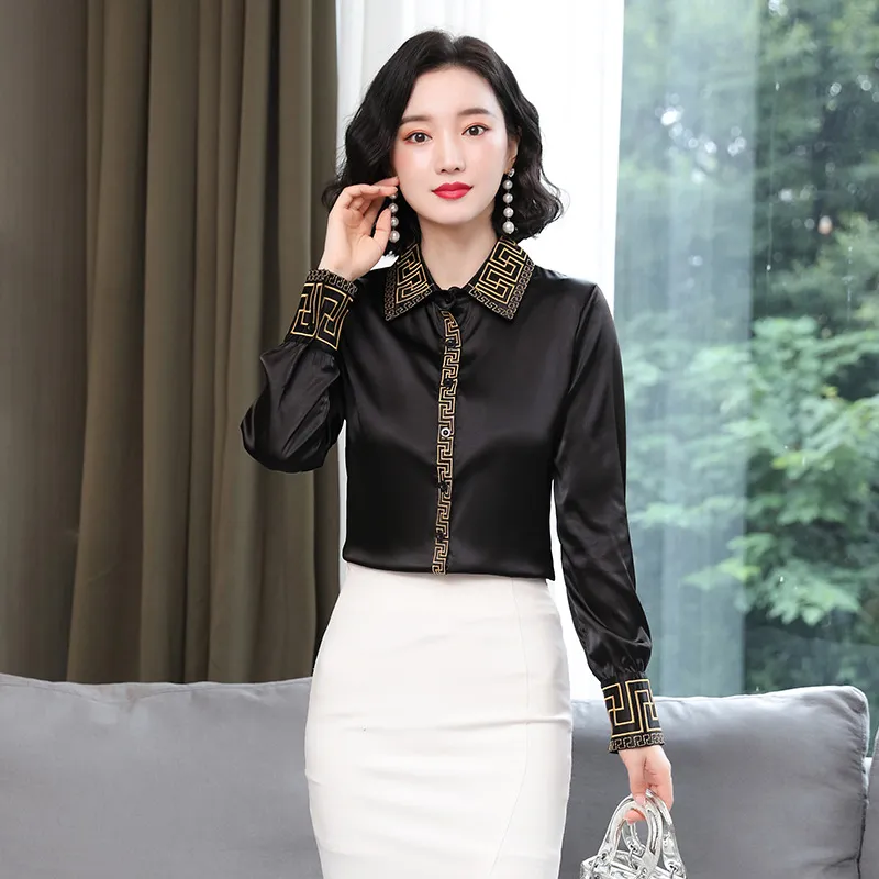 Women's Long-sleeve Satin Silk Top With Embroidered Shirt - Red