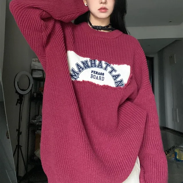 Irregular Splicing Round Neck Knitting Sweater For Women Wine Red - Shop at LoveMi