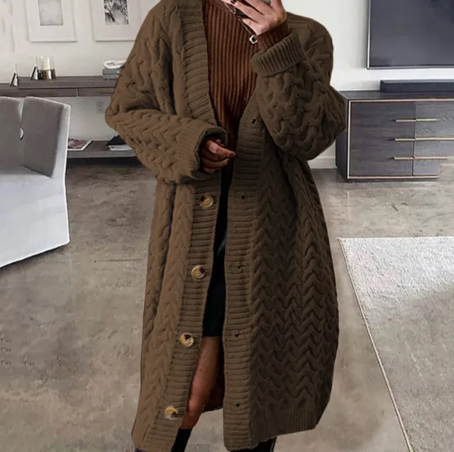 Loose Casual Mid Length Solid Color Sweater Cardigan Coffee - Shop at LoveMi