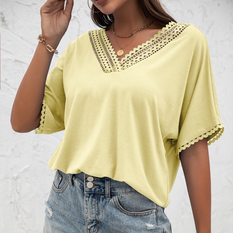 Cutout Panel V-Neck Loose Knit Sweater Short Sleeve T-Shirt Ladies
