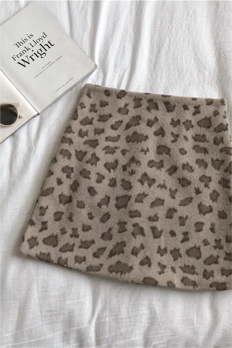 Leopard Print High-waist Woolen Korean Version Of Retro Wild Slim Slim A-line Bag Hip Skirt