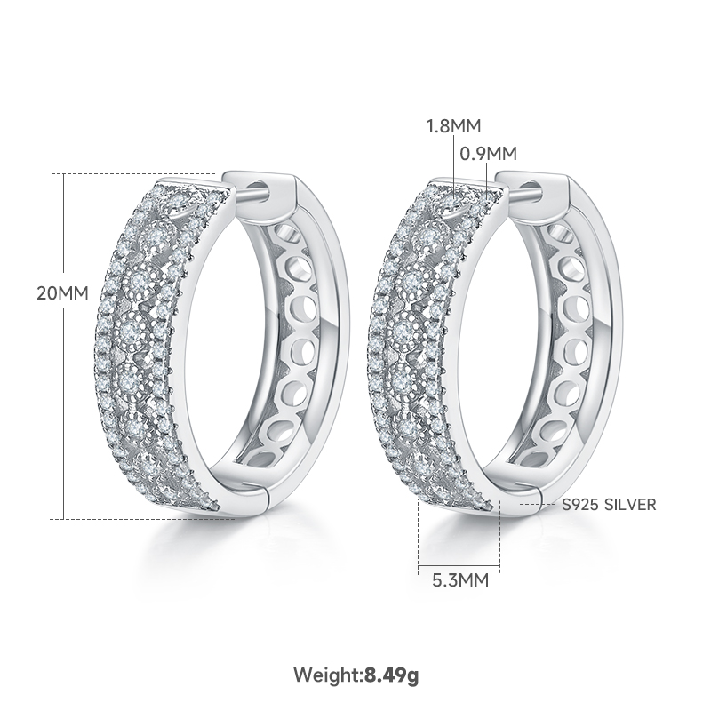 8.5g S925 Sterling Silver 0.74CT Moissanite Hoop Earrings  20mm Pave Huggie Hoops With Hollow Back & GRA Certificate, Platinum Plated Gift Box Set For Women
