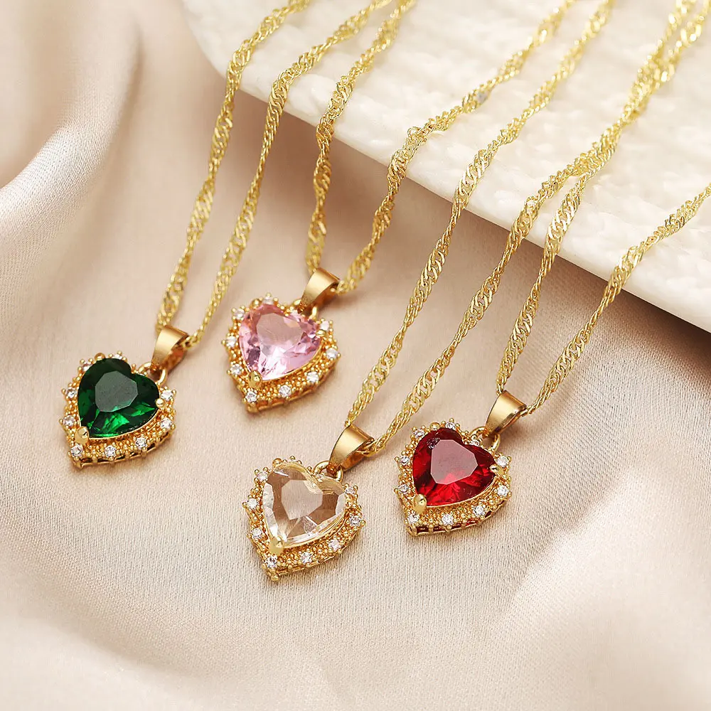 Colorful Rhinestones Heart-shped Necklace Love Gold Clavicle Chain Personalized
