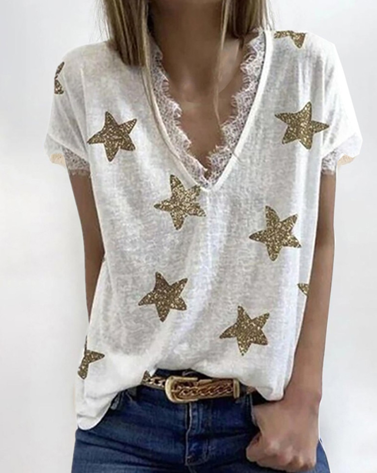 Title 2, V-neck Printed Lace T-shirt