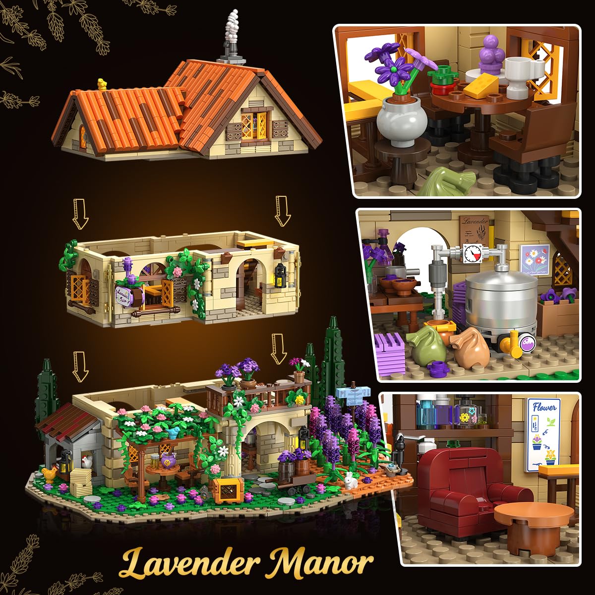 Lavender Manor House Building Set With Lights, 1960 PCS Lavender Estate Construction Model Home Decor, Romantic Lavender Flowers Cottage Building Block Kit Gift For Adults Teens Boys Girls — foto 4