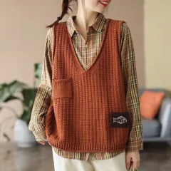 Vest Women Knitted Vest Women V-Neck Loose - Brick Red - View 1