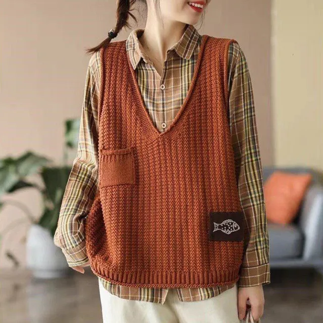 Vest Women Knitted Vest Women V Neck Loose Brick Red - Shop at LoveMi