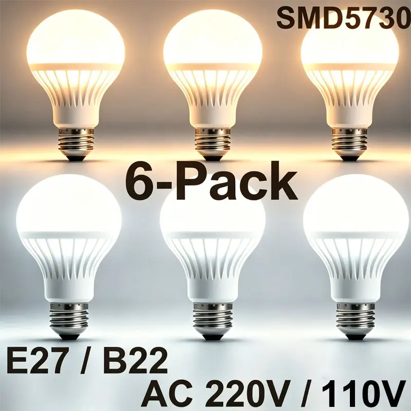 6-Pack LED Bulbs E27xB22, 110Vx220V Universal, Ultra