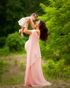 Mercerized Cotton Pregnant Woman Fluttering Tail Fluttering Sleeves Long Dress - Pink - View 1