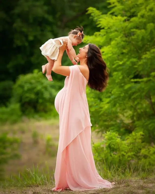 Mercerized Cotton Pregnant Woman Fluttering Tail Fluttering Sleeves Long Dress Pink - Shop at LoveMi
