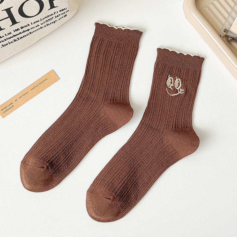 Ins Style Embroidered Face College Style Hose Coffee - Shop at LoveMi