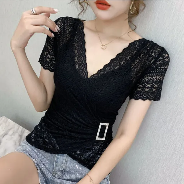 V neck Lace Bottoming Women's New Trendy Short sleeved Blouse Black - Shop at LoveMi