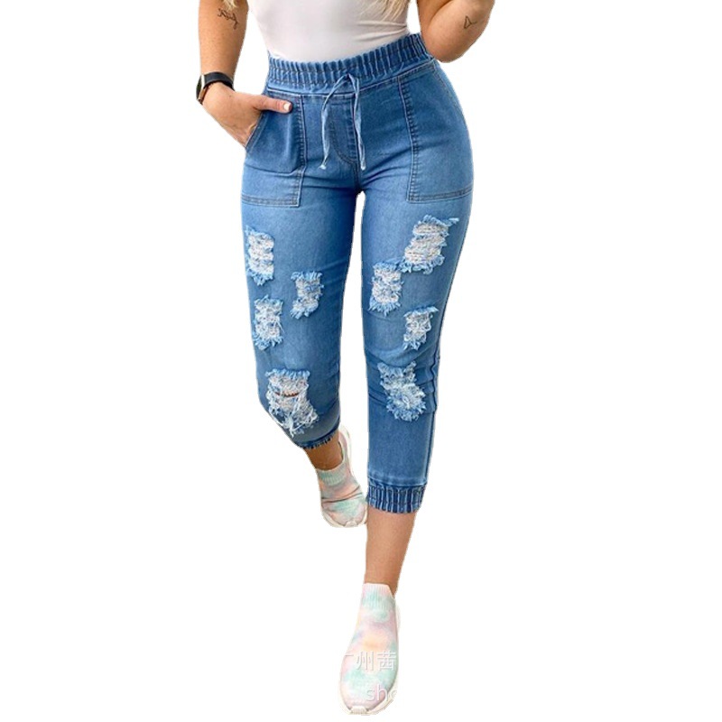 European And American Women's New Blue Ripped Jeans Blue - Shop at LoveMi