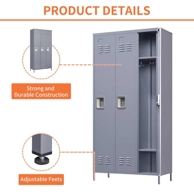 3-Door 72in Steel Locker W Locks For Employees, Storage Cabinet For Home Gym Office School Garage, Gray 5