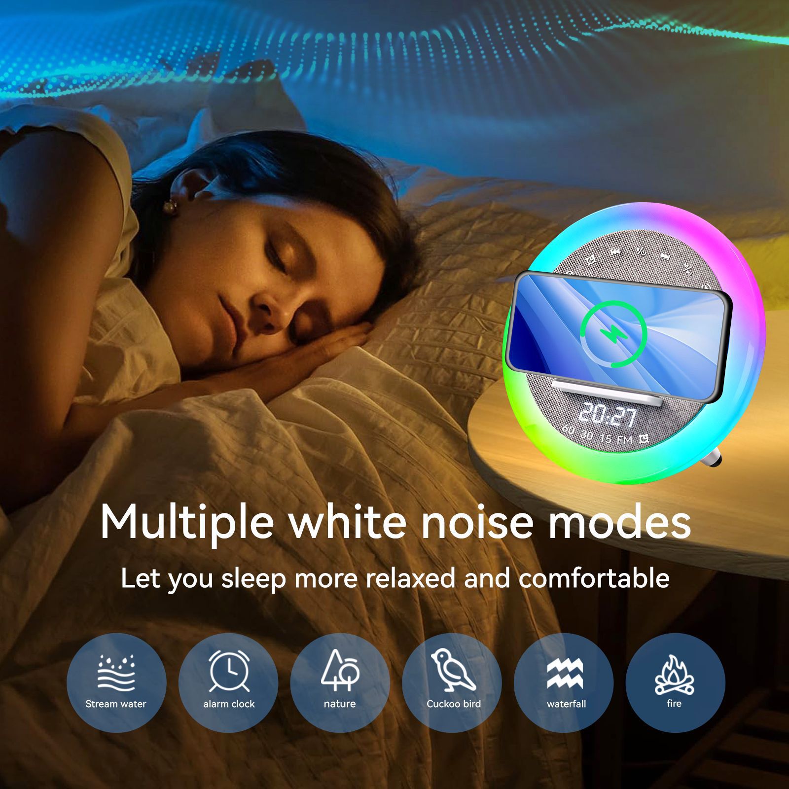 KP-577 Best-Selling Wholesale White Noise Bluetooth Speaker With LED Color Lights Clock Alarm Timer Wireless Charging And Bedside Desktop Functionality 2