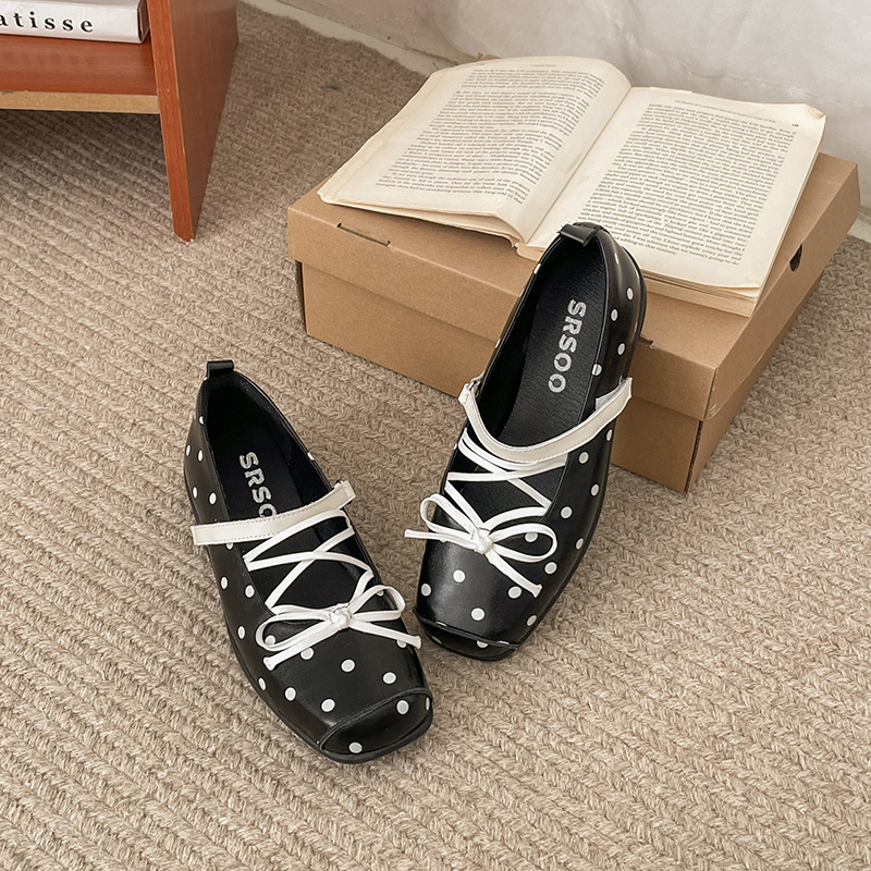 Women Bow Square Toe Polka Dot Platform Pumps, New Summer One-Strap Retro Versatile Mary Jane Shoes — view 4
