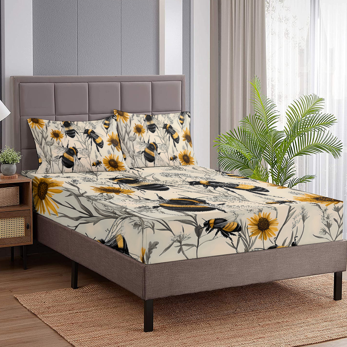3PCS Botanical Floral Printed Bed Fitted Sheet Set, Yellow Bedding Set, Cute Bee,1 Fitted Sheet, 2 Pillow Cases