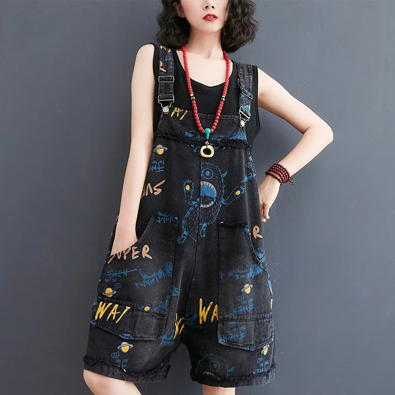 Retro Fashion Print Loose Denim Strap Shorts For Women - Black