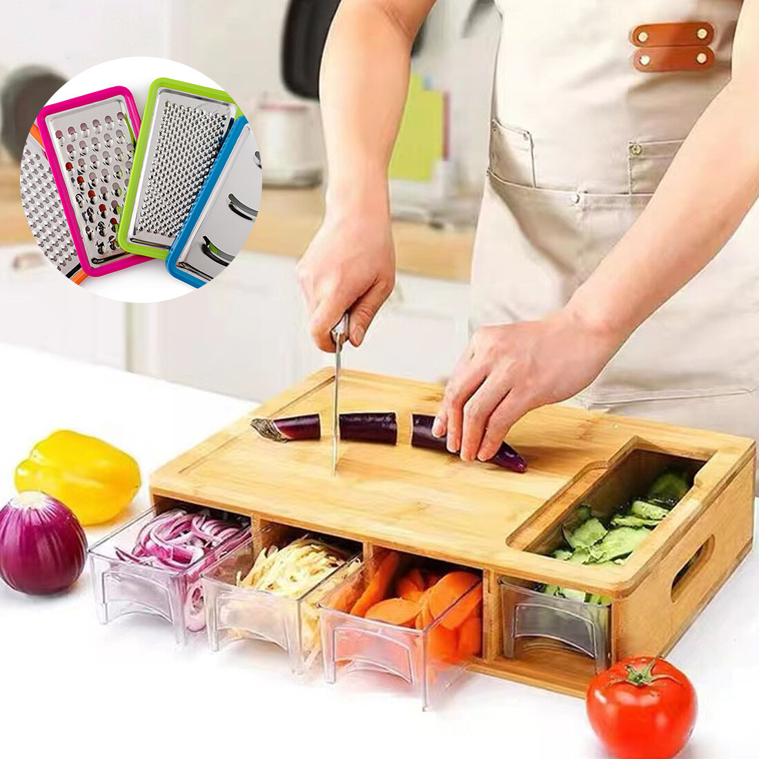 Chopping Board With Containers, Large Bamboo Cutting Anti Slip Pads — image 9