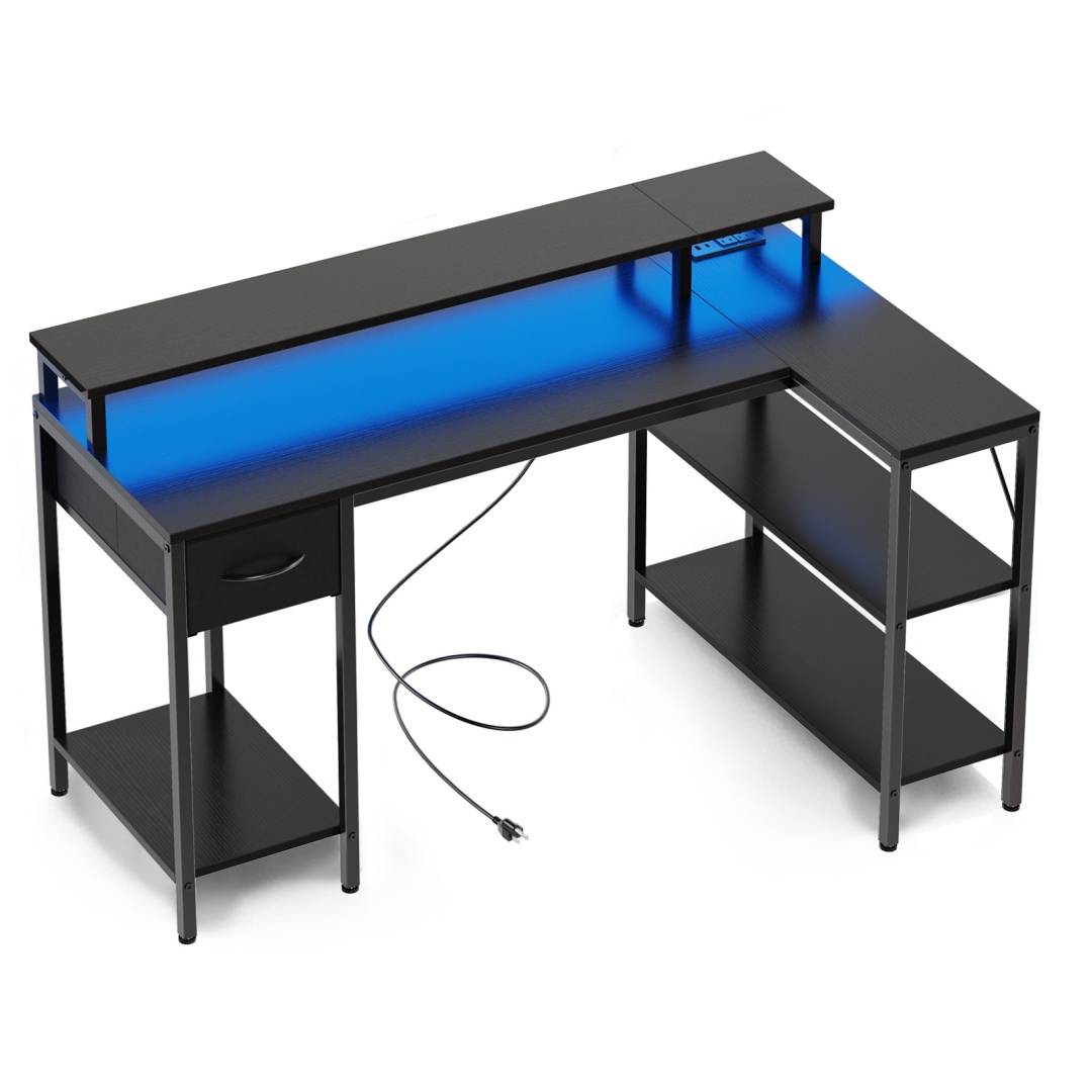 53-inch Gaming Table With USB Charging Port And LED Light, Reversible L-shaped Table With Power Socket And Monitor Stand image 3