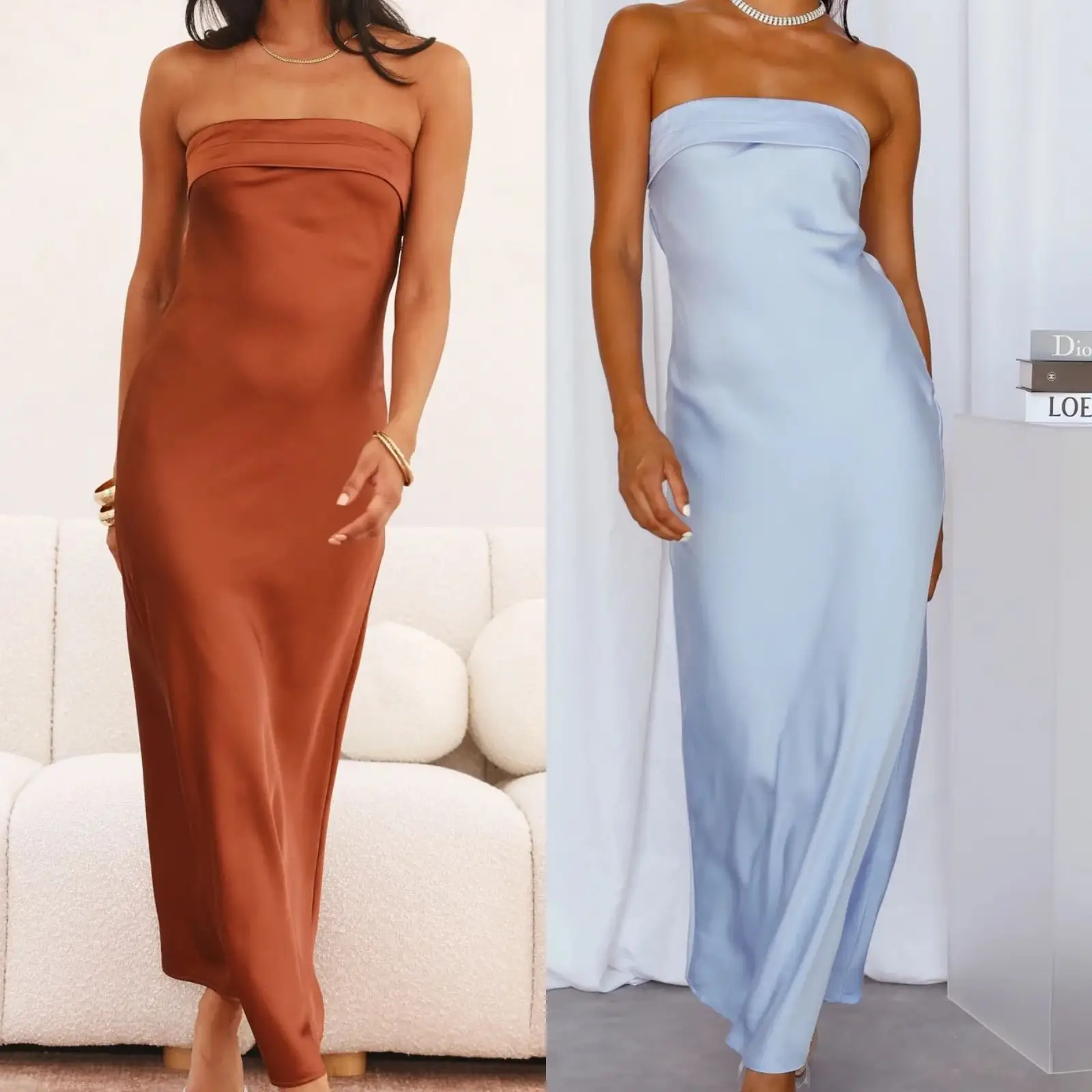 New Solid Color Chest-wrapped Elastic Knitted Satin Dress
