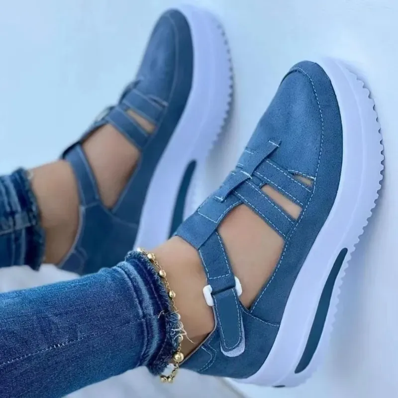 Flats Shoes Women's Sneakers Platform Casual Breathable Sport Shoes With Velcro - Blue