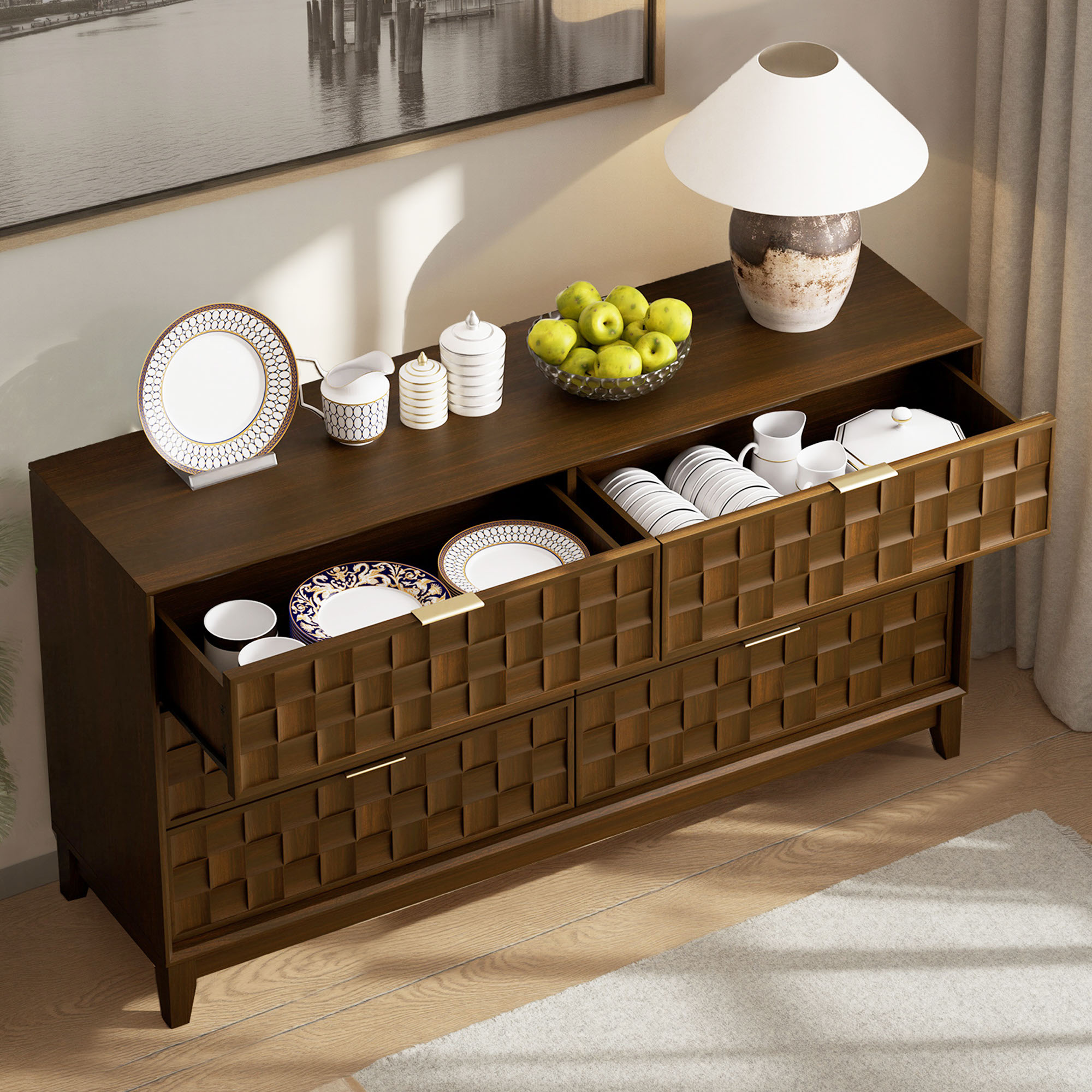 Modern Wooden 6 Drawer Dresser 55in, Side Board Buffet Storage Cabinet, Accent Cabinet With Metal Handles, Oak