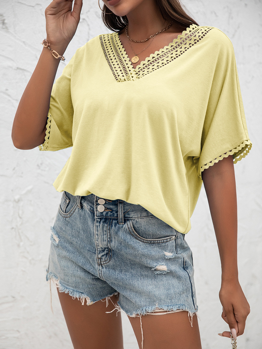 Title 21, Cutout Panel V-Neck Loose Knit Sweater Short Sl...