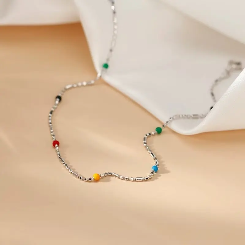 1pcs 999 Sterling Silver Mixed Bead Color Enamel Anklet
