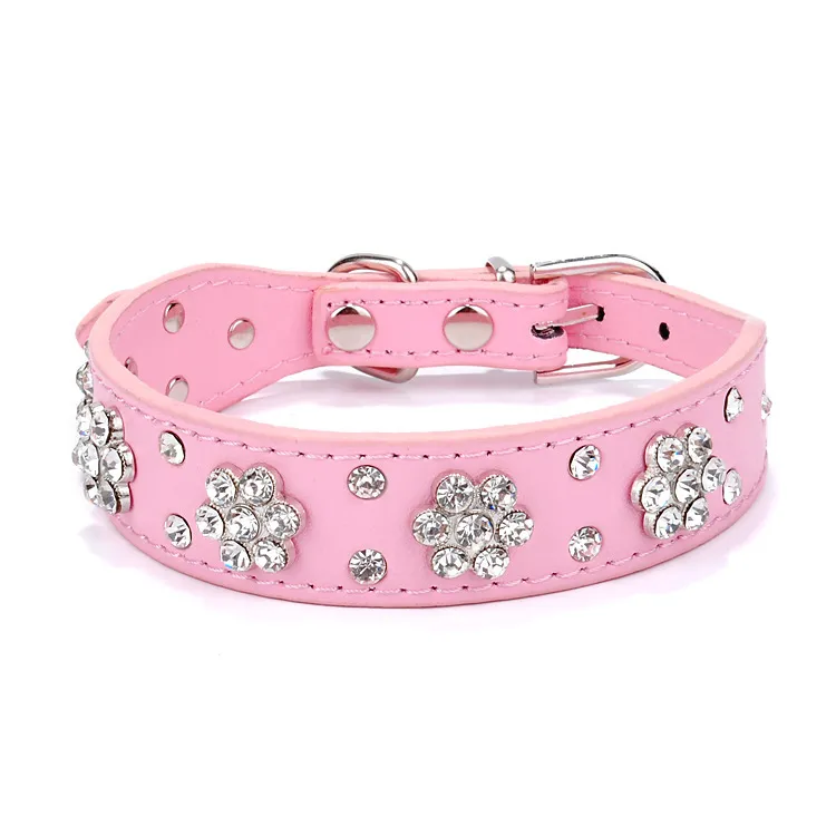 Cute PU Leather Dog Collar Rhinestone Flower Pattern Studded Width Fit Small And Medium Dogs - Pink