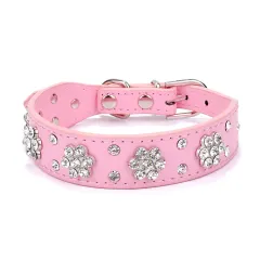Cute PU Leather Dog Collar Rhinestone Flower Pattern Studded Width Fit Small And Medium Dogs - Pink - View 1